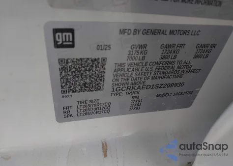 2025 Chevrolet Silverado 1500 4Wd Standard Bed Wt z USA, uszkodzony, nr VIN 1GCRKAED1SZ209930